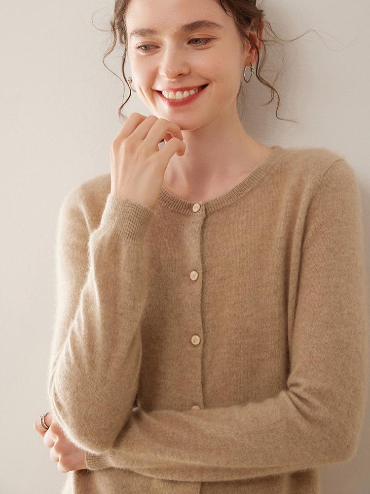 Women's Slim Fit Cashmere Cardigan - Round Neck, Lightweight, Loose Knit Sweater in Solid Color.