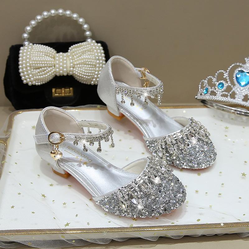 Girls' High Heels Princess Shoes Little Girl Dress Crystal Shoes Soft Sole Silver Children's Fashion Show Performance Leather Shoes