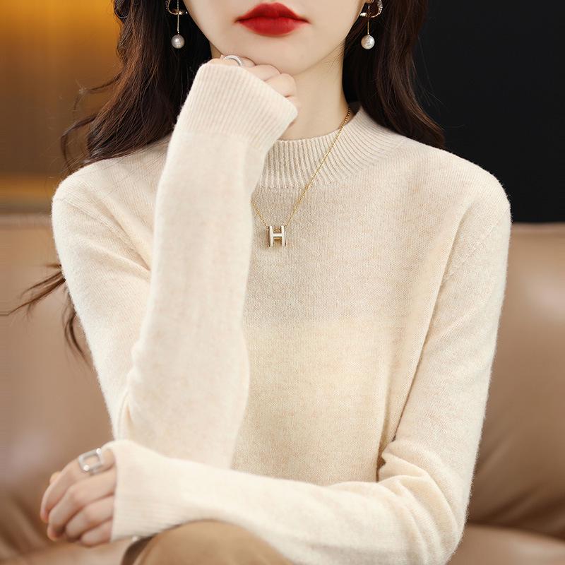 Women's Slim-Fit High Neck Wool Sweater - Autumn/Winter 2023 Collection, Solid Color, Base Layer