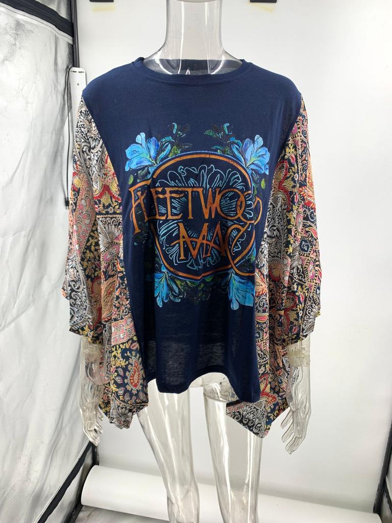 New Printed Crew Neck Loose Casual Batwing Sleeve Top for Women