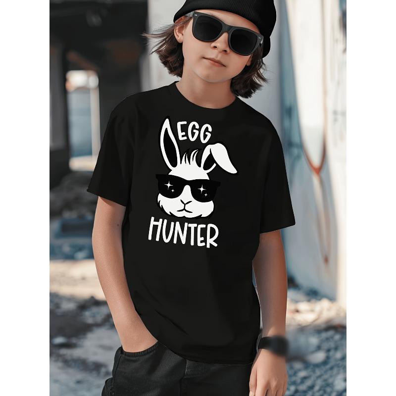 

European Size Boys Round Neck Short Sleeved T Shirt with Easter Hunter Rabbit Pattern Print 98cm чёрный