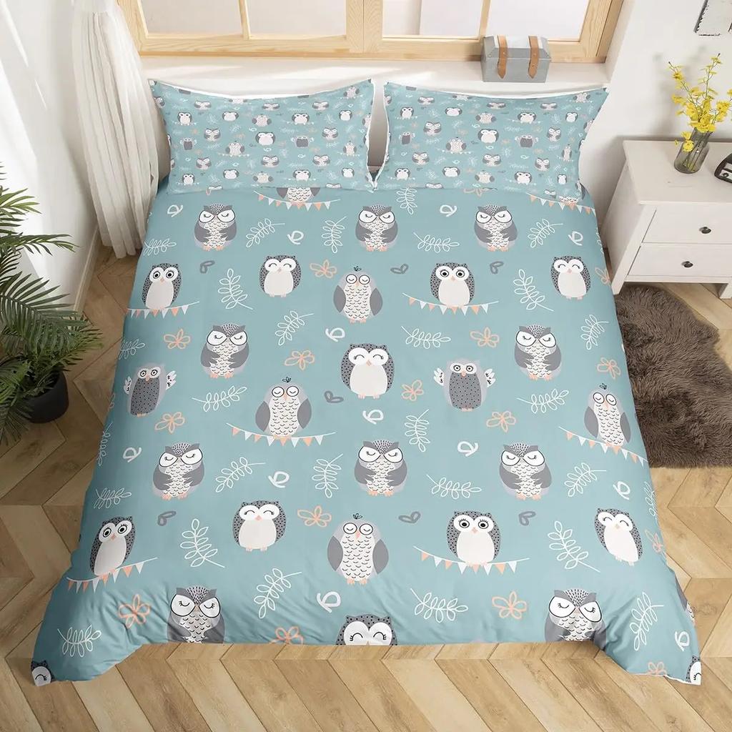 Kids Cartoon Garden Bed Set Cute Owls Comforter Cover, Chic Tree Butterfly Duvet Cover Full Queen White Daisy Floral Bedding Set