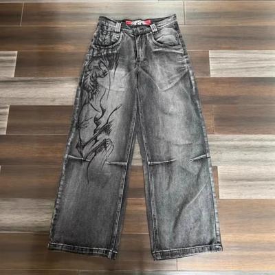 LUXEON Amerikanska Harajuku Vintage Tryck Jeans Y2K Dam Tvättade Grå Raka Byxor Street Gotiska Lösa Unisex Byxor Trend