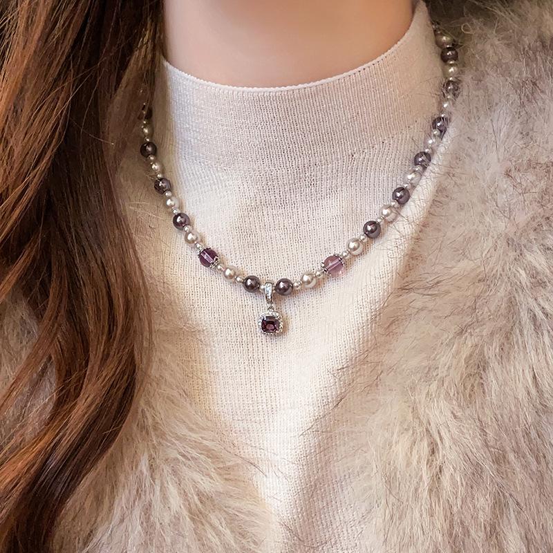 Manta Rose Shijia Pearl Necklace with Amethyst and Bubble Sugar Cubes Sweater Chain - Women's Autumn/Winter Pendant Jewelry
