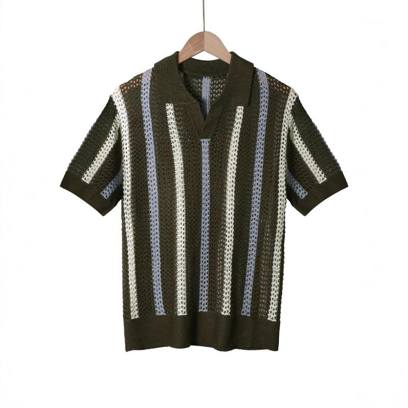 Europese Amerikaanse Mannen Zomer T-shirt met Korte Mouwen Eenvoudig Ontwerper Geometrisch Kleurblok Gestreept Ronde Hals Gebreide Top