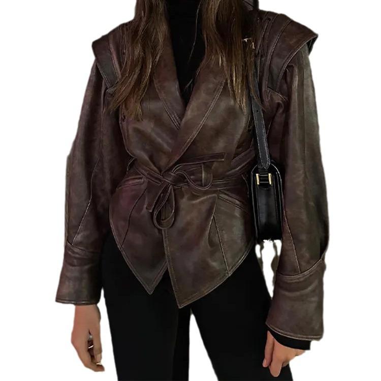 2024 Retro Lace-up Faux Leather Jacket with Lapel Shawl - Women's Casual Winter Fashion