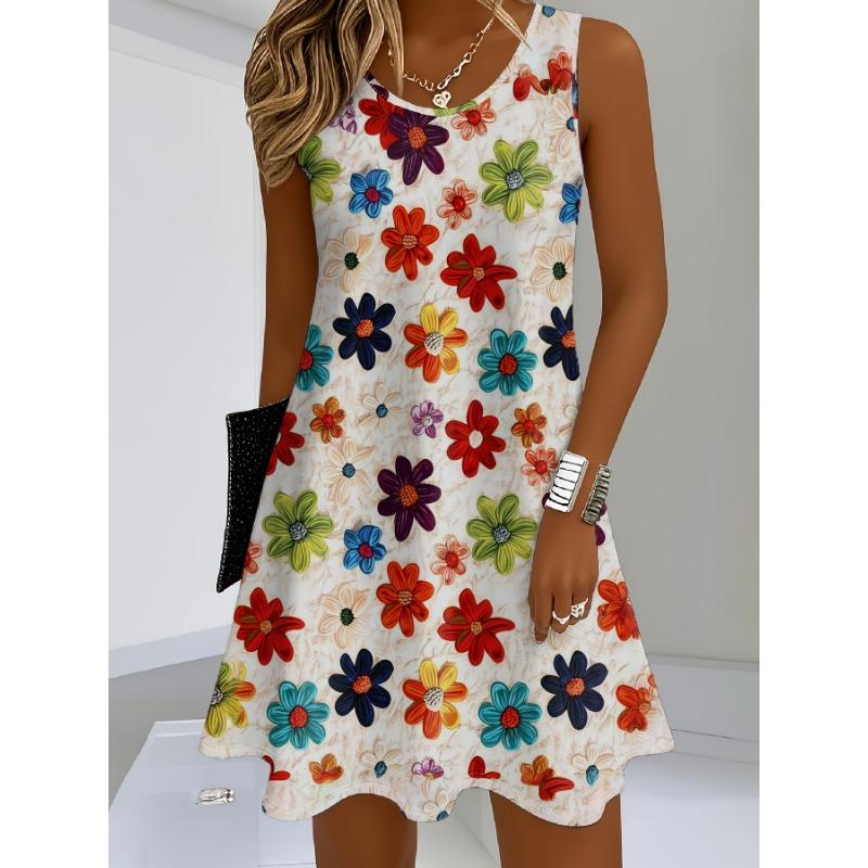 Women s Sleeveless Round-neck Printed Dress, Fabric, Floral Pattern Print A-line Skirt S