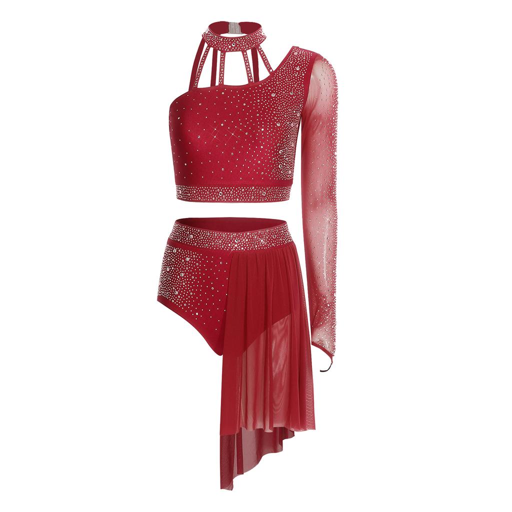 Completo da Donna Crop Top e Pantaloncini Scollo all'americana Manica Lunga Singola Schiena con Laccetti Orlo Asimmetrico in Rete Strass Danza Latina