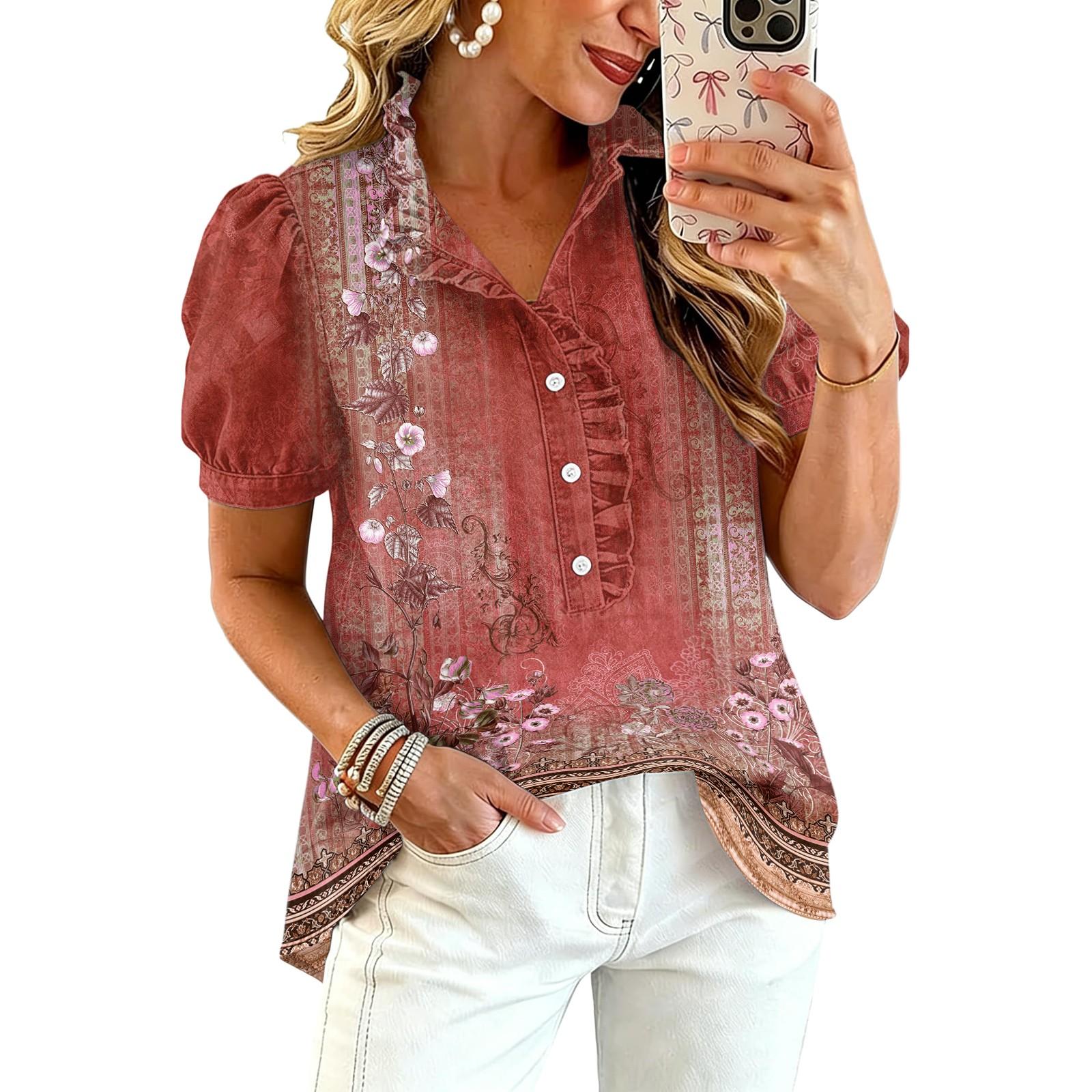 Women Ruffle V Neck Floral Print Blouse Short Puff Sleeve Casual Loose Fit Button Down Top for Daily Wear Office Holiday L
