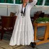 Summer Vacation Maxi Dress for Women V Neck Long Sleeve Solid Color with Ruffle Stitching and Pleated Hem