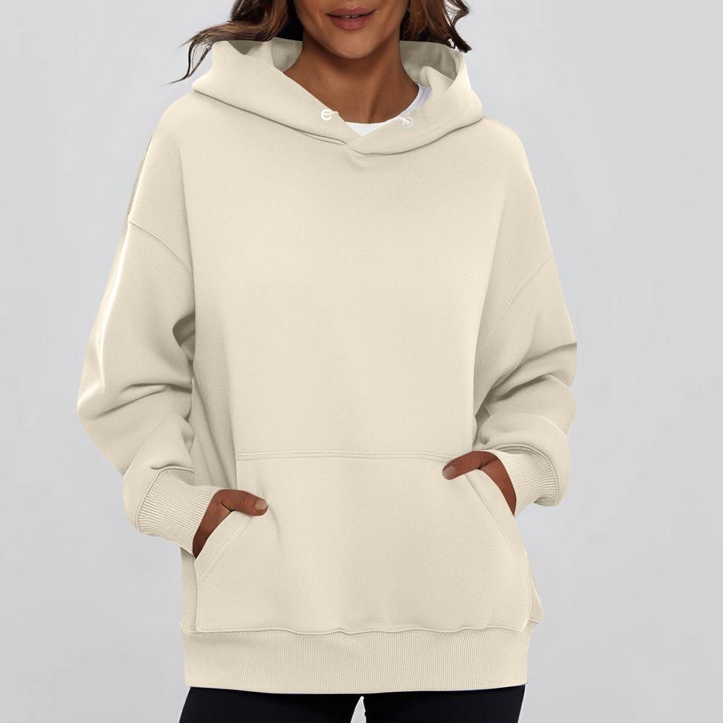 Ladies' Fashionable Solid Color Casual Hooded Pocket Long Sleeved Top