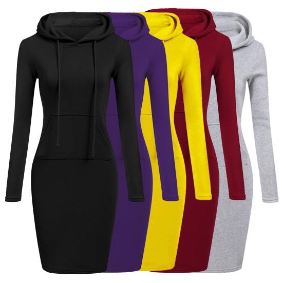 Buy Autumn Winter Front Pocket Solid Color Hooded Sweatshirt Dress ...