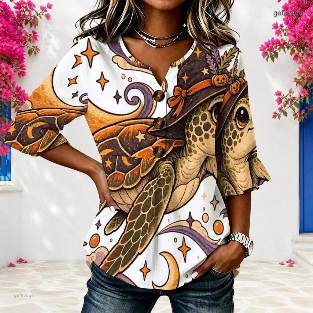 Womens Plus Size V Round Neck Mid Sleeve Front Button Chic Casual Loose Comfortable Weekend Ladies Blouse