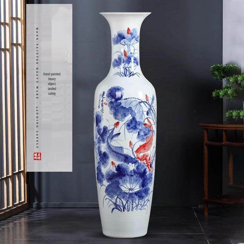 Large Hand-Painted Blue & White Ceramic Floor Vase