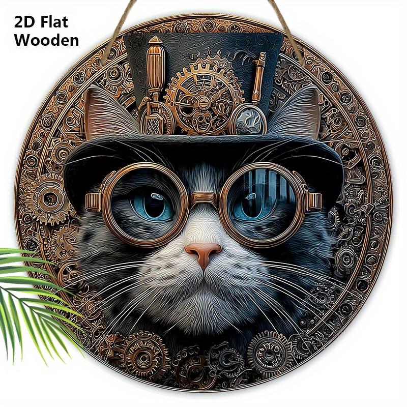 Retro Wooden Sign with Cool Cat Pattern - Unique Wall Pediments - Ideal for Front Door, Yard, Wall Decor