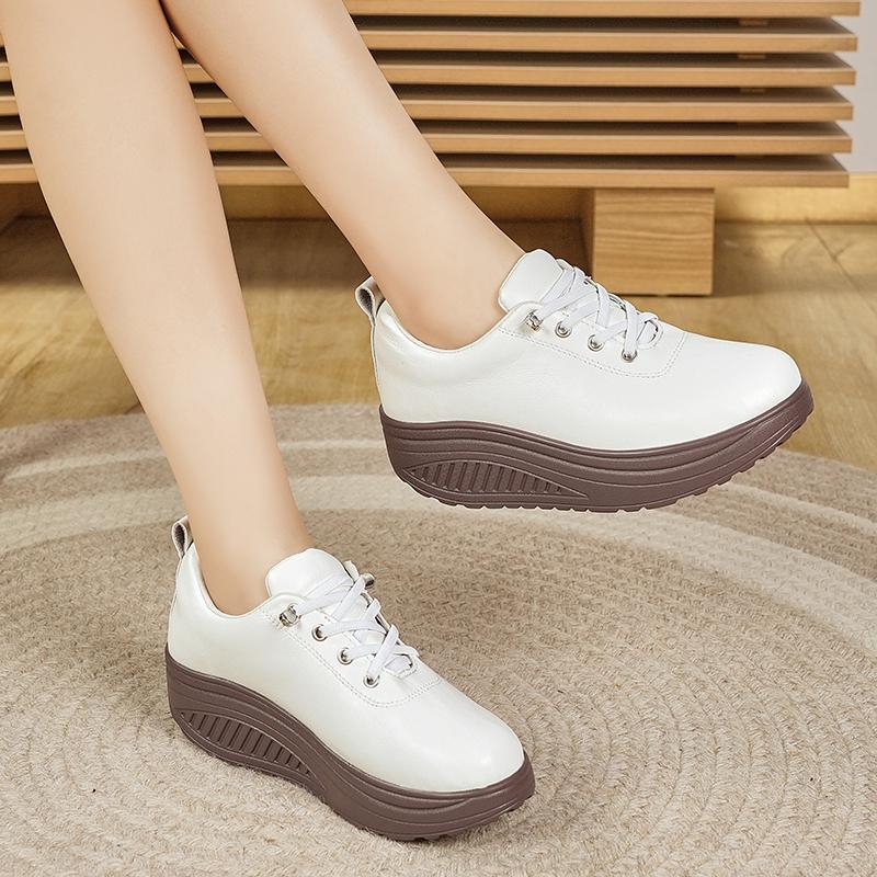 Women Platform Loafers Black Casual Leather White Shoes Thick Sole Height Increase Shake Shoes