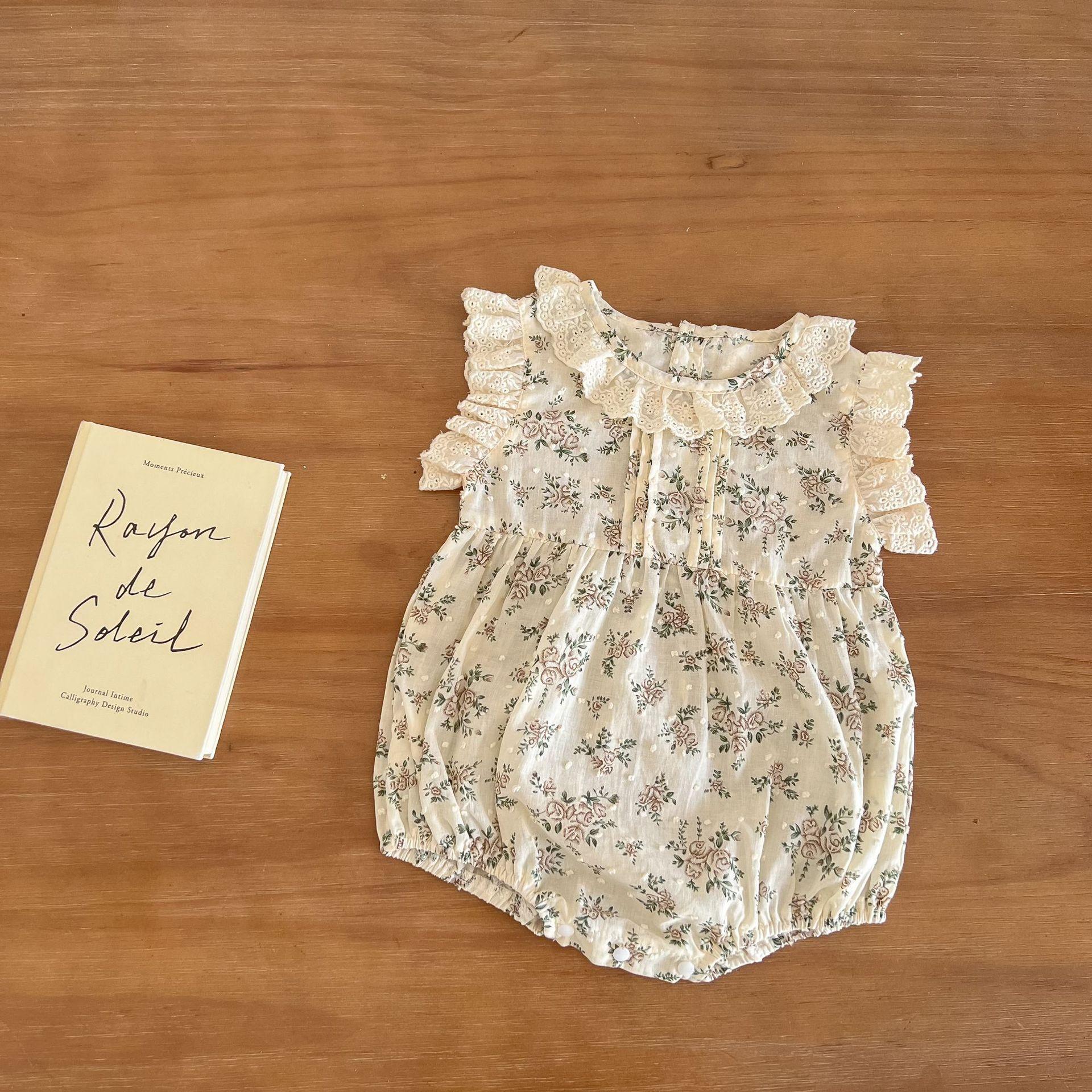 Retro Floral Baby Romper Summer Cotton Cap Sleeve Girl Crawler with Lace Trim 66