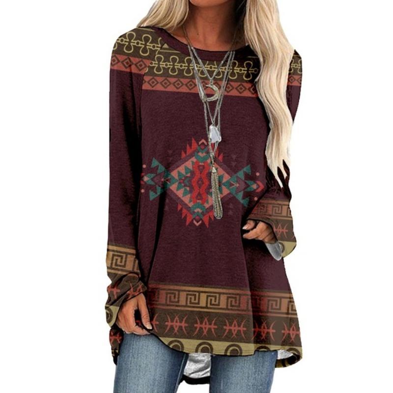 Summer Women's  Fashion Long Sleeve T-Shirt Women'S Printed Top Autumn And Winter Casual  Large Size Round Neck Clothing