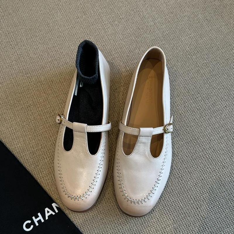 Cowhide version~ retro leather flat bottom women's new T-word with one pedal Mary Jane small leather shoes single shoes