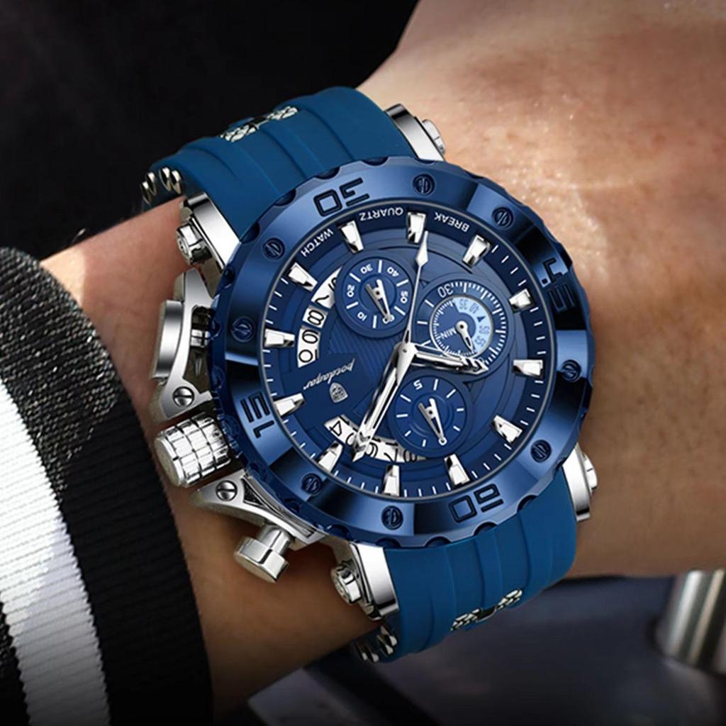 POEDAGAR Men's Silicone Band Sport Watch Chronograph Quartz Waterproof Luminous Hands Casual Wristwatch Male Gift