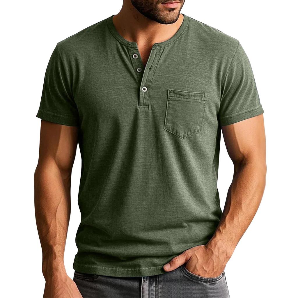 Men's Summer Solid Color Button Collar Short Sleeve Tops Men's Casual Loose Fashion Tops