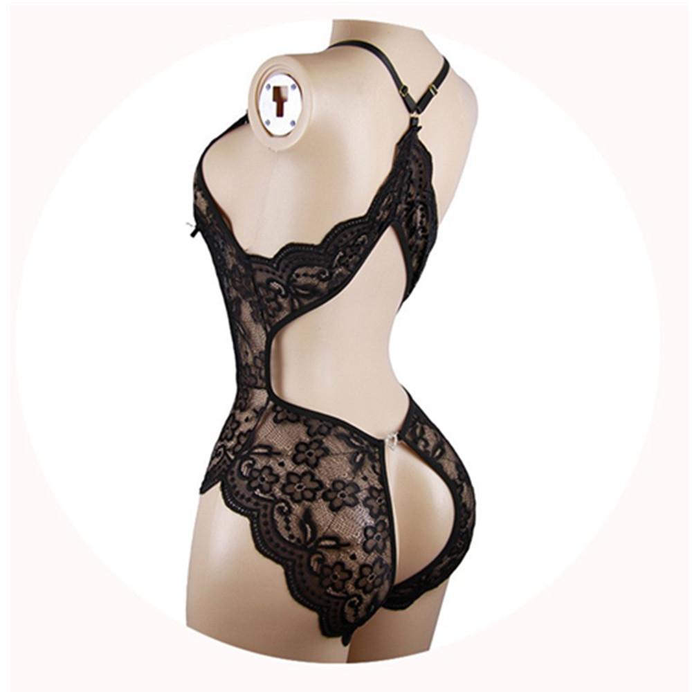Sexy Crotchless Lingerie Women Lace Hollow Bodysuit Erotic Pajamas Teddy Babydoll Dress Deep V Open Bra Underwear Set Plus Size