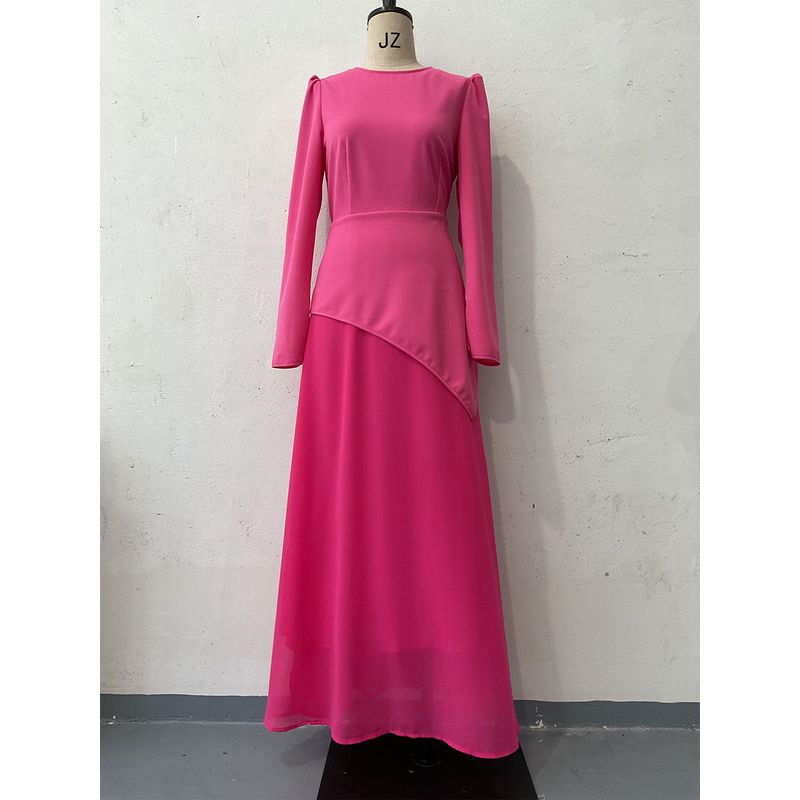 

European and American Autumn New round Neck Long sleeve Fashion Bevel Slim fit Women s clothing dress Long sleeve Dress Bright powder XXL