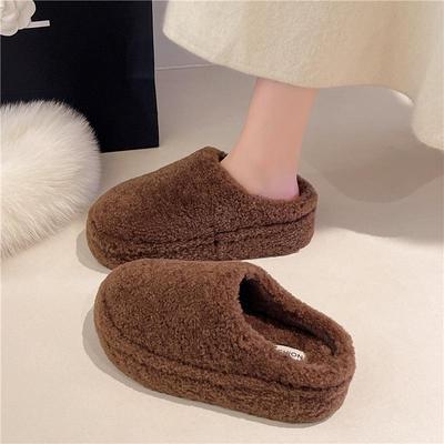 Women's 2025 Korean Winter Flat Bottom Fluffy Mule Slippers with Plus Velvet and Closed Toe