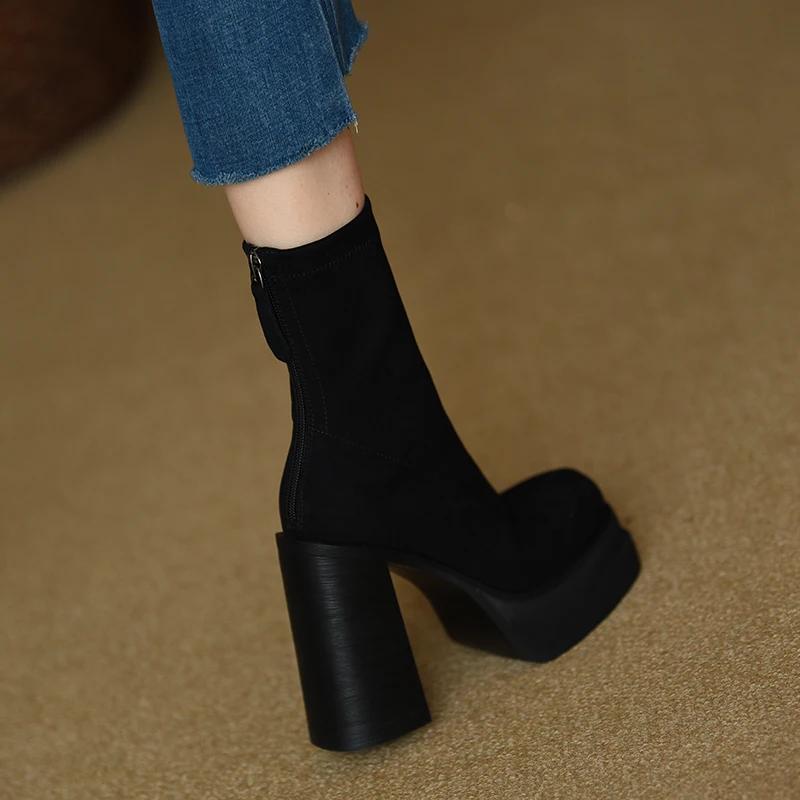 Platform Boot Shoes for Women Modern Western Black Femme Female Winter High Heeled Shoes Round Toe Heels