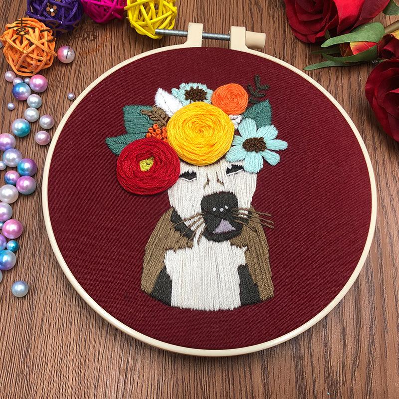 Dog Embroidery Kit for Beginenrs Hand Sewing with Flower and Dog Pattern Kit with Colourful Threads Needles Instructions