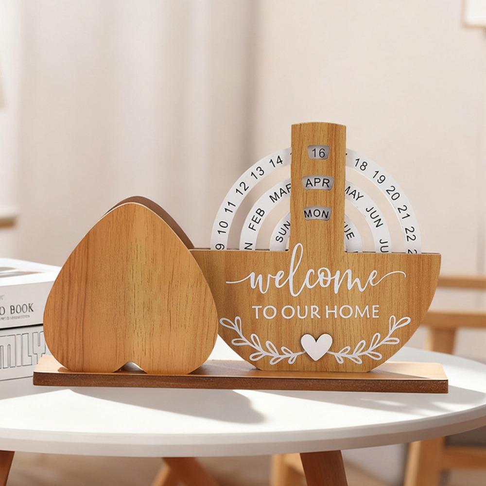 Round Rotating Calendar Wooden Creative Calendar  Home Office Desktop Decoration
