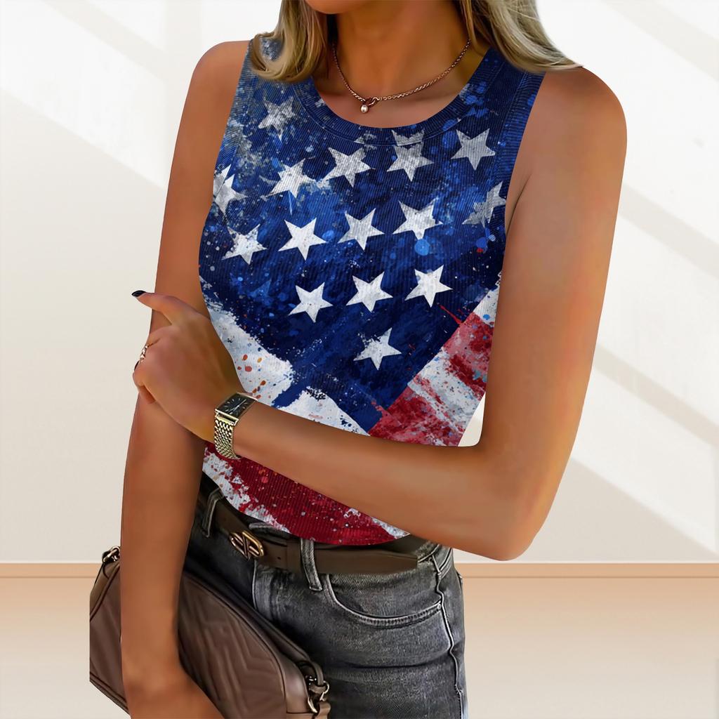 Women's Summer Fashionable Casual Independence Day Printed Round Neck Sleeveless Top Fitted Vest