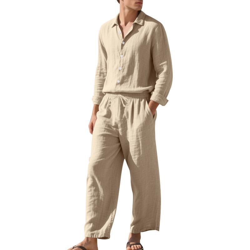European & American Men's Breathable Cotton Linen Long Sleeve Shirt & Trousers Set