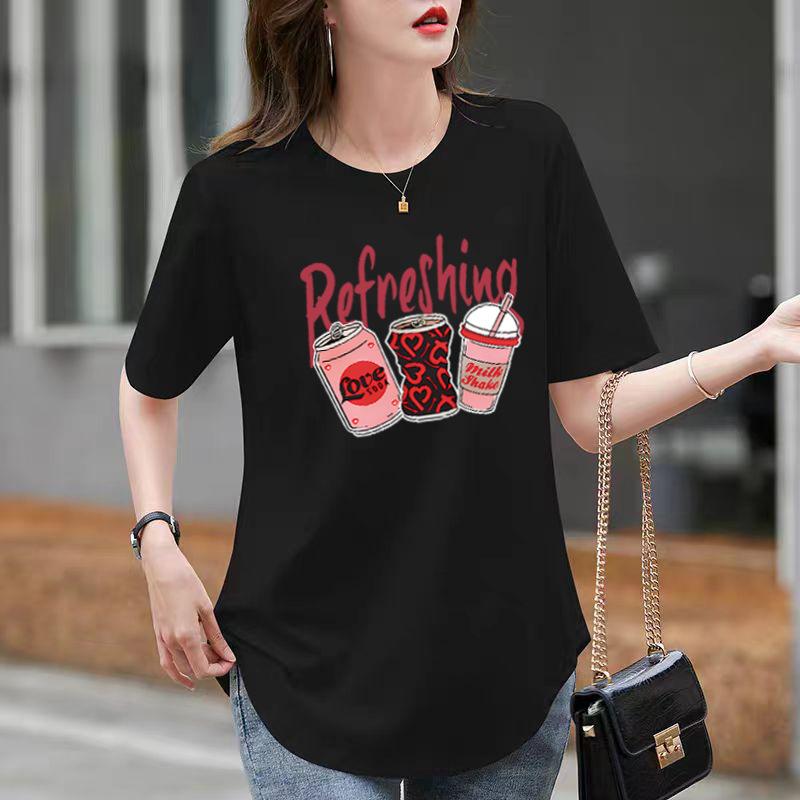 Loose White Cotton Round Neck Short-sleeved T-shirt for Women In Summer Curved Hem Slit Medium-length Style Covering Butt