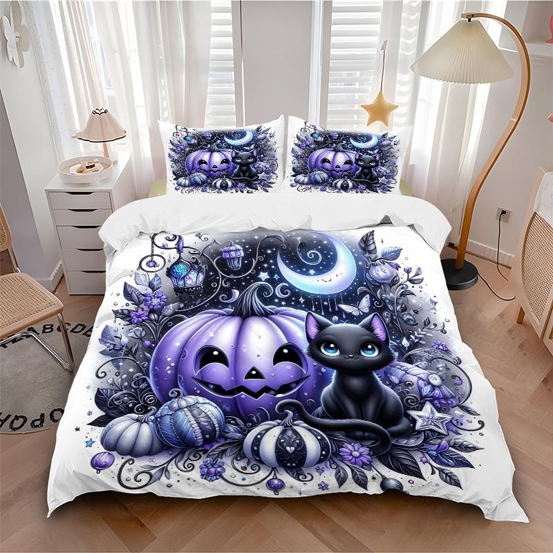 3pcs Happy Pumpkin & Cat Print Bedding Set (1 Cover + 2 Pillowcases, Without Inserts), This Printed Bedding Set is Soft and Comfortable, Sui