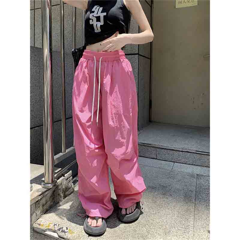 American Spicy Girl Style Casual Straight Pants Autumn Dopamine Color Loose Drawstring High Waist Pockets Quick Drying Trousers