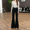 Bequeme Schwarze Tasche Bestickte Mikro-ausgestellte Jeans Damen Frühling und Sommer Hochtailliert Elastisch Übergröße Skinny Hose Lange Denimhose
