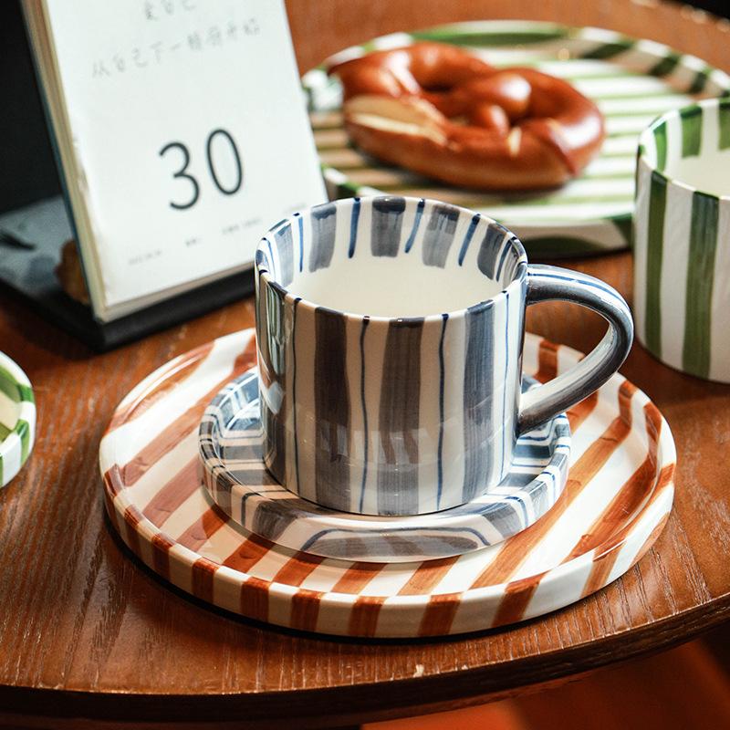200ml Hand Drawn Striped Ceramic Mug Office Coffee Cup with Cups and Plate Set Breakfast Milk Mugs Afternoon Tea Dessert Plate