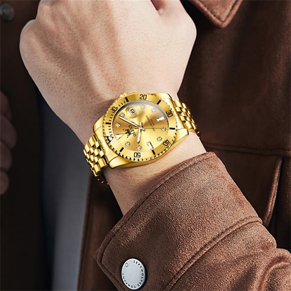 OLEVS Waterproof Quartz Analog Watch with Date Gold Stainless Steel Large Business Simple Stylish Popular Gold Watch for Men's Display, Band, Dial,