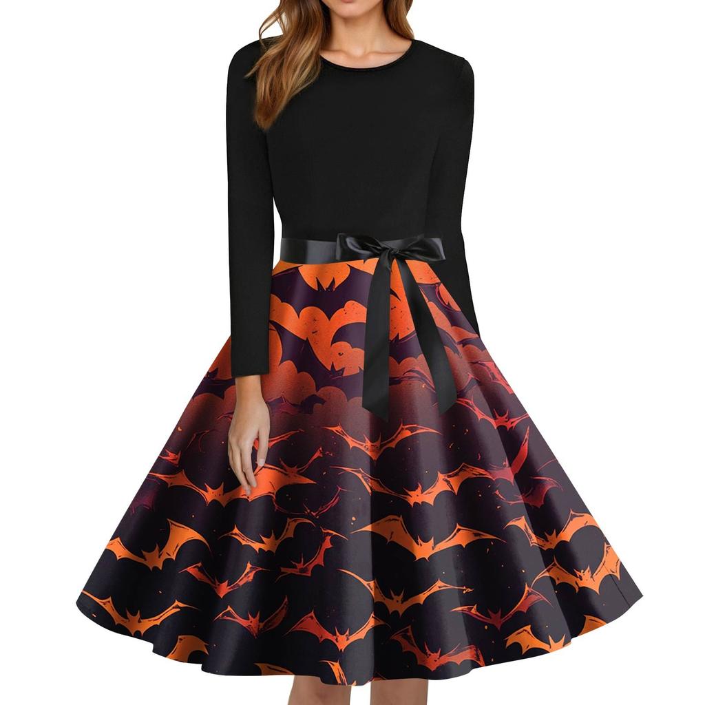Women's Fashion O-Neck Casual Slim Fit Halloween Printed Long Sleeve Dress