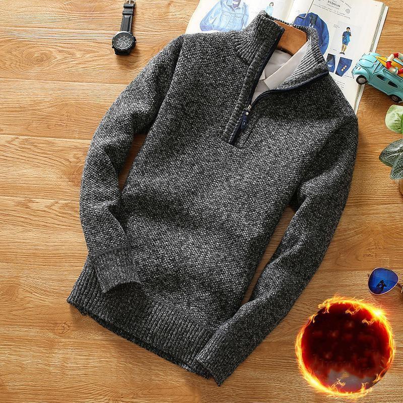 Мужской осенне-зимний флисовый свитер на молнии до середины груди, молодежный приталенный пуловер, вязаная куртка M темно-серого