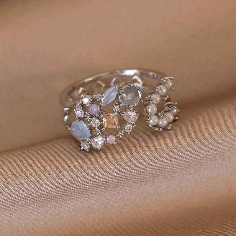Elegant Adjustable Pearl Zircon Flower Ring