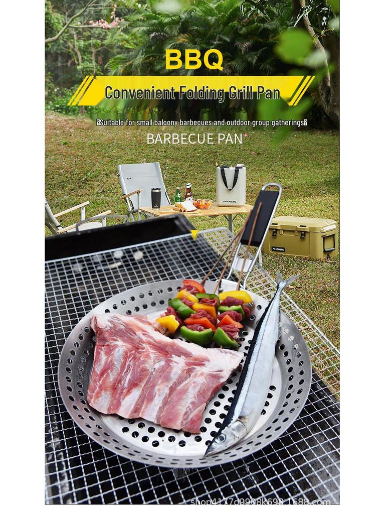 Round Hollow Wooden Handle BBQ Grill Pan for Outdoor Vegetables and Meat