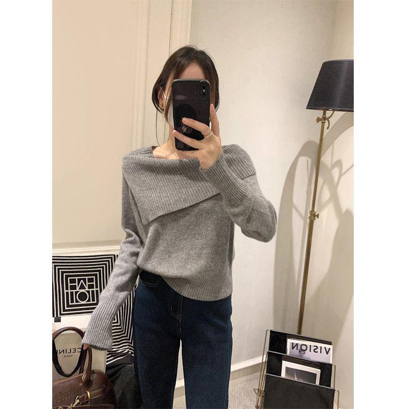 2024 Autumn/Winter French Knitwear: Women's Korean Fashion One-Shoulder Clavicle Lapel Base Shirt