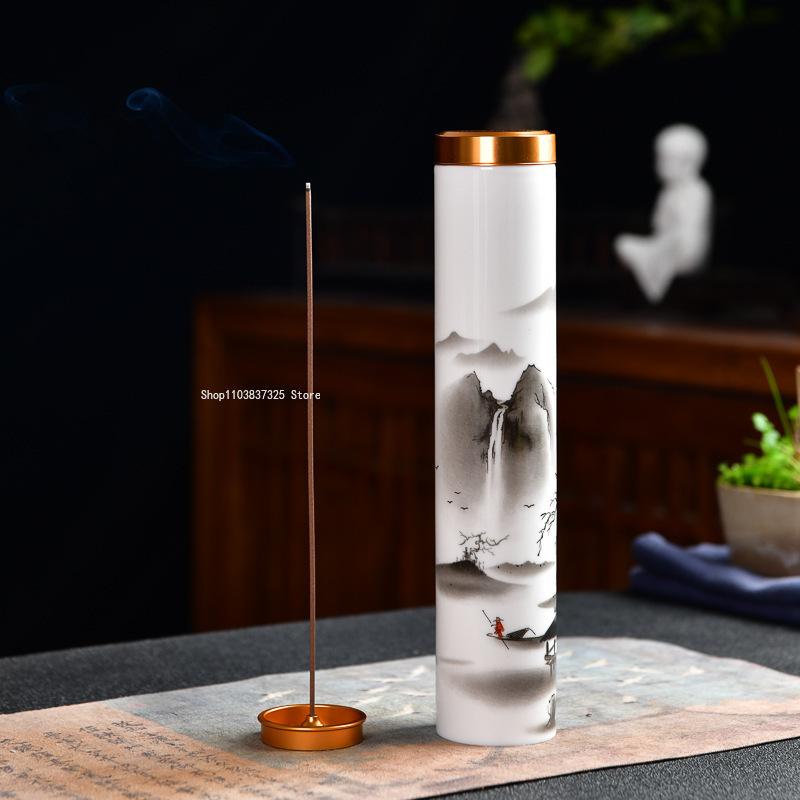 Chinese Auspicious Clouds Freehand Sketching Painted Ink Landscape Ceramic Incense Tube Zen Tea Ceremony Accessories Office