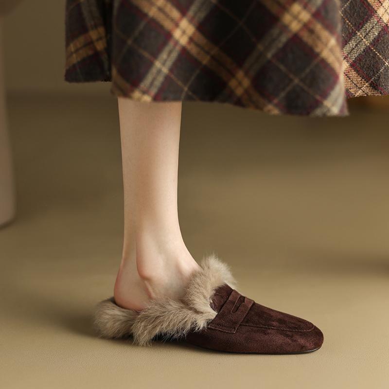 Women's 2025 Autumn/Winter Flat Suede Velvet Furry Mule Slippers