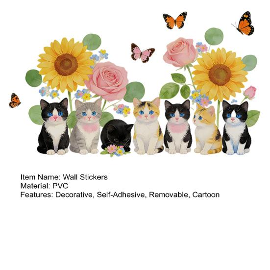Cat Flowers Peel And Stick Wall Stickers, Removable Wall Art Decor, Watercolor Vinyl Decals for Kids Bedroom Nursery Living Room