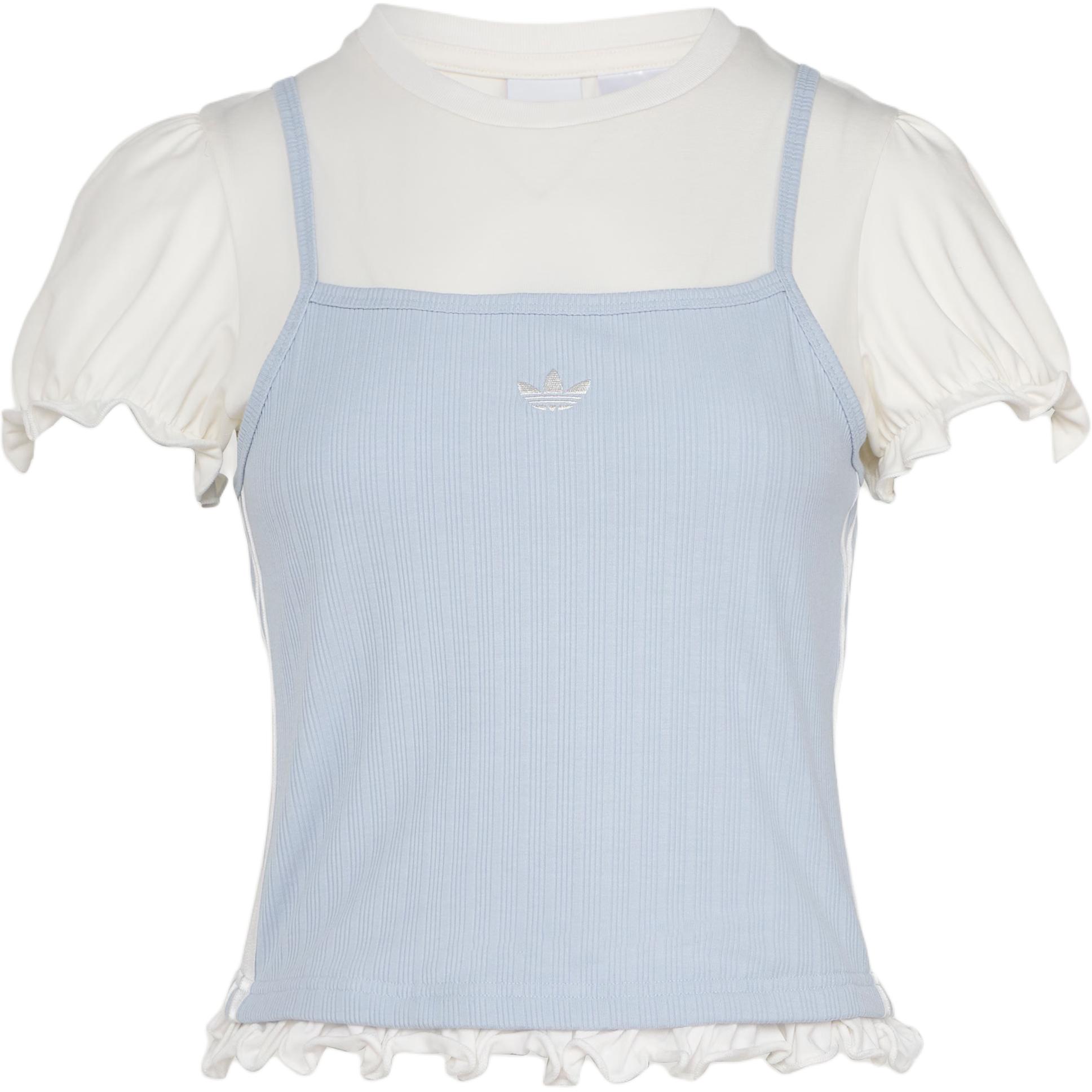 adidas Originals 2-in-1 Ribbed Tank Puff Sleeve T-Shirt Blue White Women KY3298 S