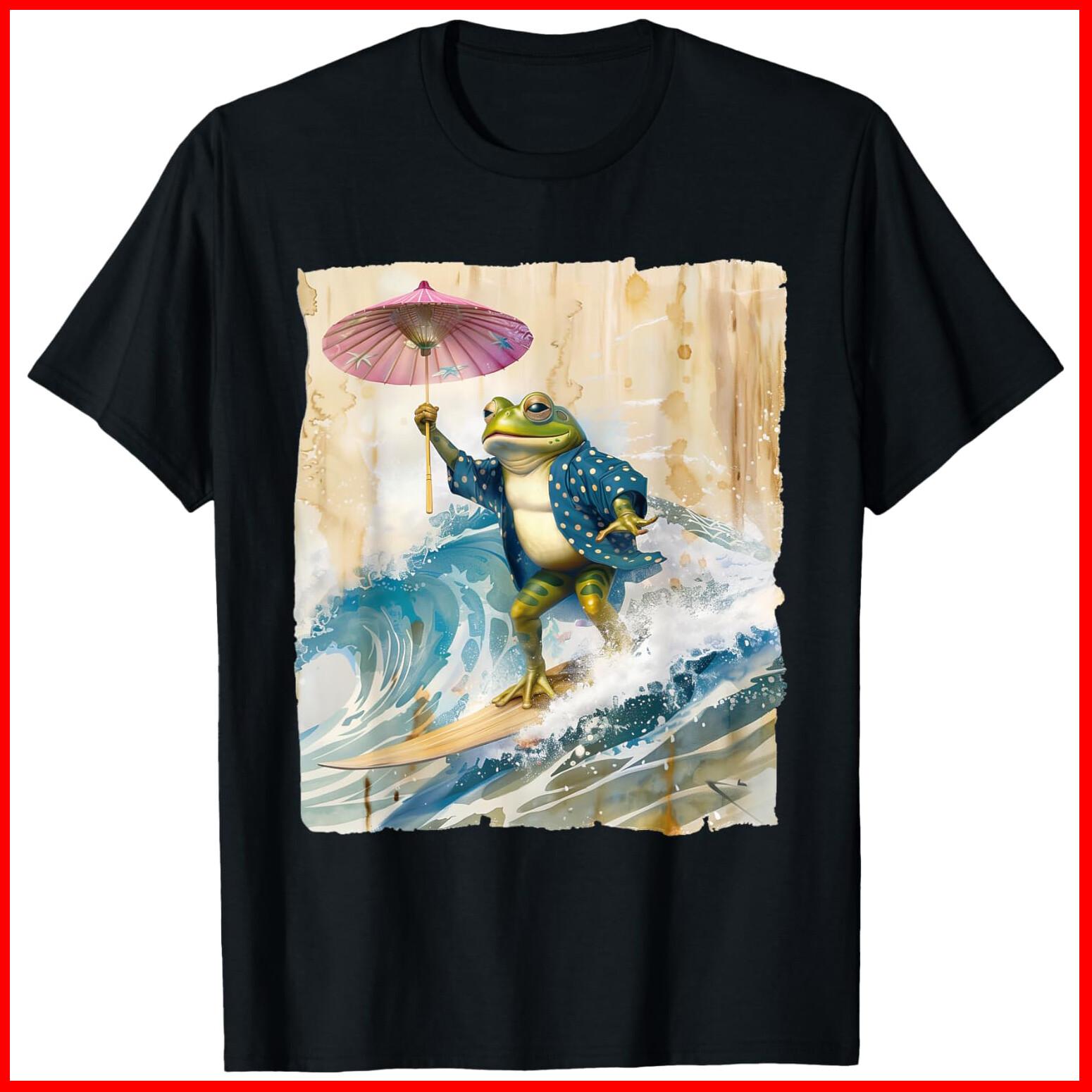 Japanese Frog Surfing Wave Funny Graphic Japan Anime Black Cotton T-Shirt S-5XL XXXL