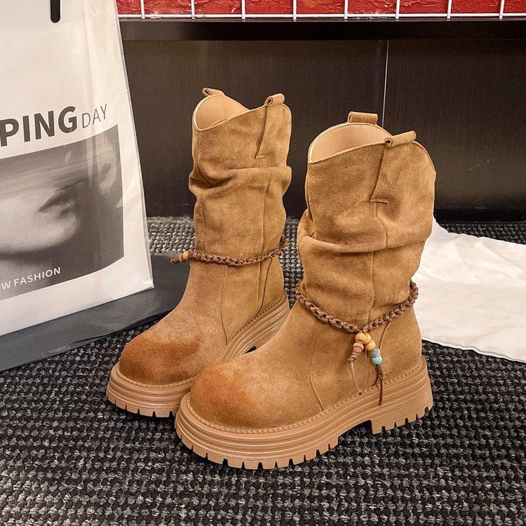 Thick-soled Stacking Boots Women's 2025 Autumn and Winter New Medium Tube Martin Boots Non-slip Small Western Boots Thick-soled Martin Boots